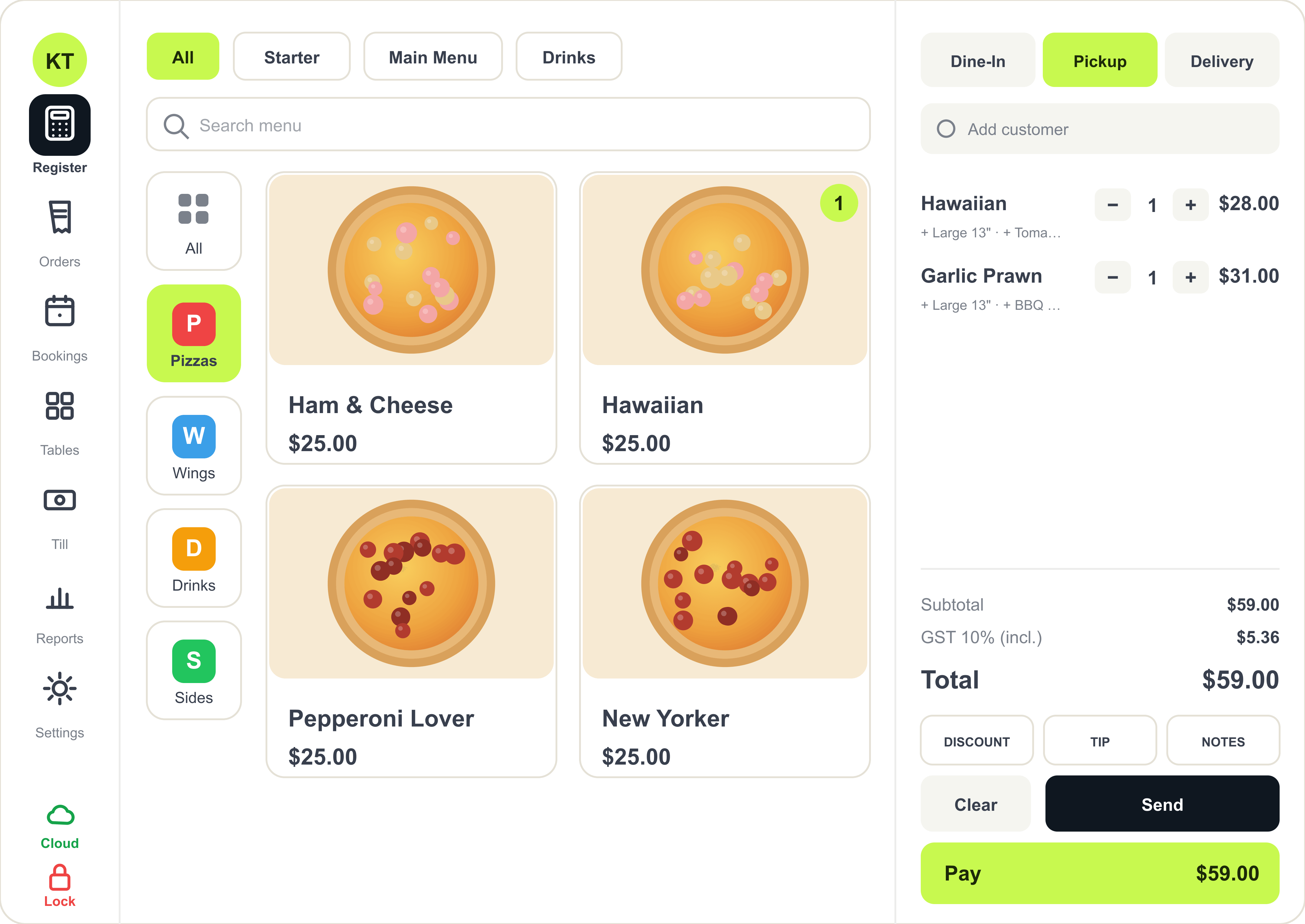 The KokiPOS register — pizza menu, live order and one-tap payment